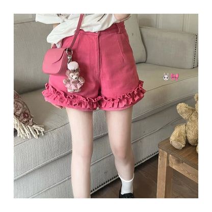 lovwvol Sweet Pink Print Tops Women Japanese Kawaii Lolita Wide Leg Short Sets Female Summer Off Shoulder Lace Up Blouse Two Piece Set