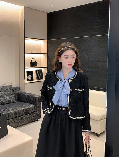 Vintage Jackets Women Black Tweed Cropped Coat Korean Elegant Thicken Single Breasted Blazer Casual Short Outerwear Tops