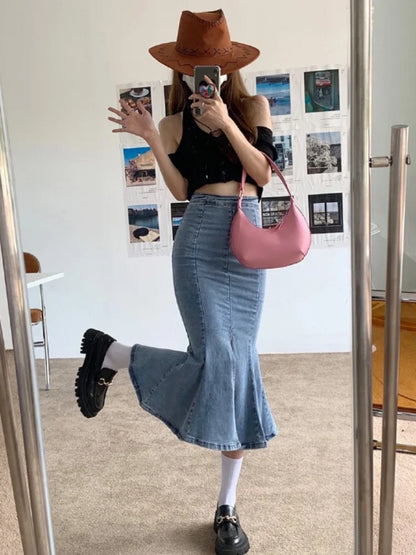 DEEPTOWN Denim Slit Long Skirt Women Korean Fashion Vintage High Waist Bodycon Ruffles Mermaid Midi Skirt Elegant Chic Summer