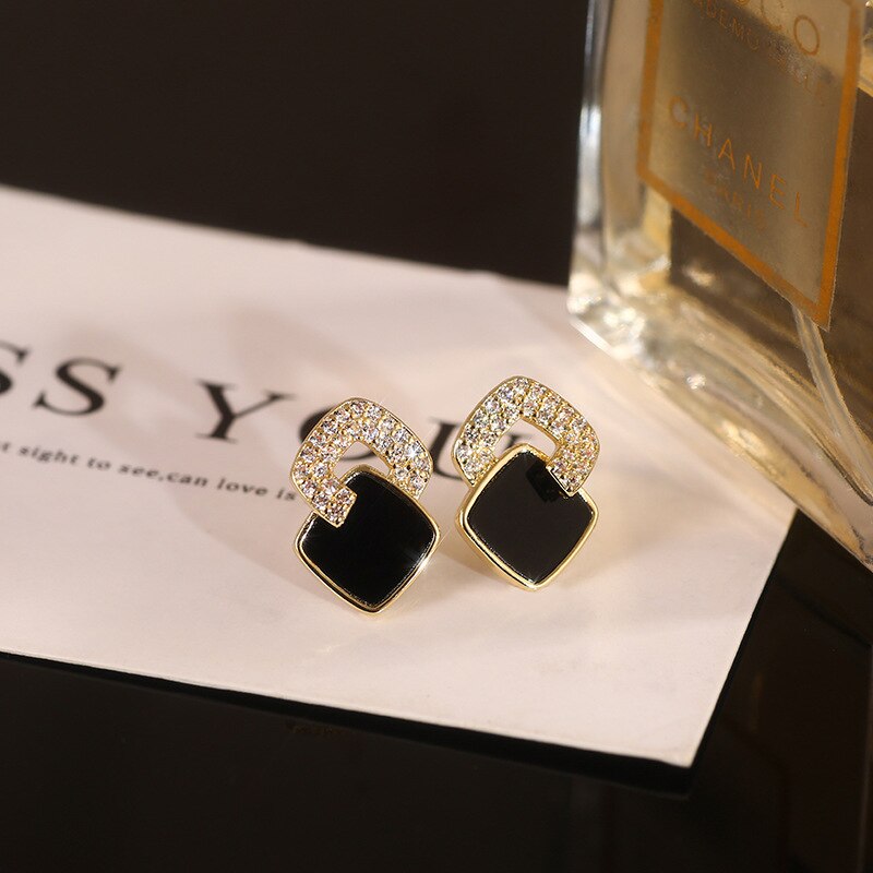 Korean Style Black Zircon Stud Earring For Women Shiny Rhinestone Square Geometric Earrings Girl Party Statement Jewelry Gifts