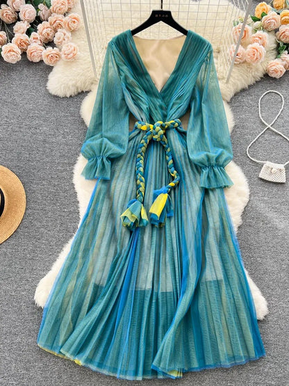 lovwvol Women's Fashion France Vintage Pleated Long Dress Summer Autumn Sexy V-Neck Lace Up Party Runway Vestidos Female Elegant Robe