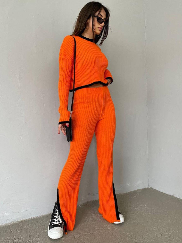 lovwvol lovwvol Two Piece Set Women Casual Panelled Side Split Trouser Suits Female 2023 Spring Crop Sweater High Waist Ladies Suits