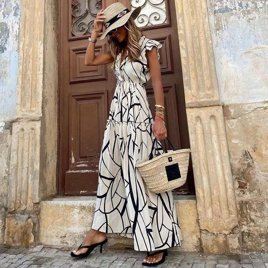 Spring and Summer New Geometric Print V-neck Ruffled Long Dress