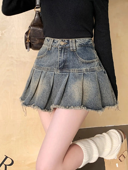 lovwvol Women's Summer Cute Denim Short Skirt High Waist Burr Edge Spliced Casual A-line Harajuku Korean Style Y2K Mini Pleated Skirt