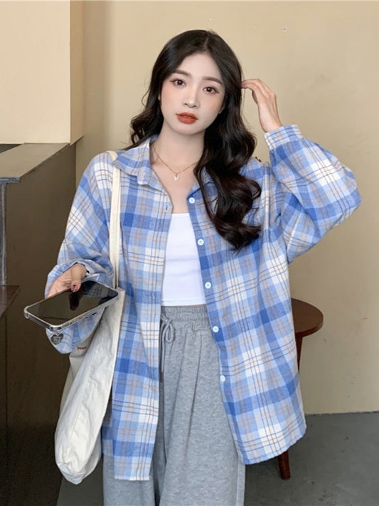 Korean Oversize Plaid Shirt Women Fashion Long Sleeve All Match Blouse Spring Preppy Style Turn Down Collar Casual Y2K Top