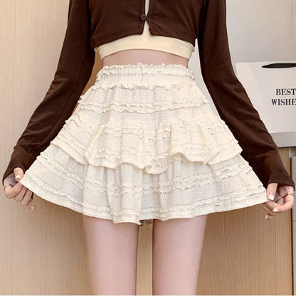 lovwvol Sweet Cute Lace Mini Skirt Women Kawaii White Ruffles Pleated Skirts Summer Korean High Waist Black Casual A Line Skirt