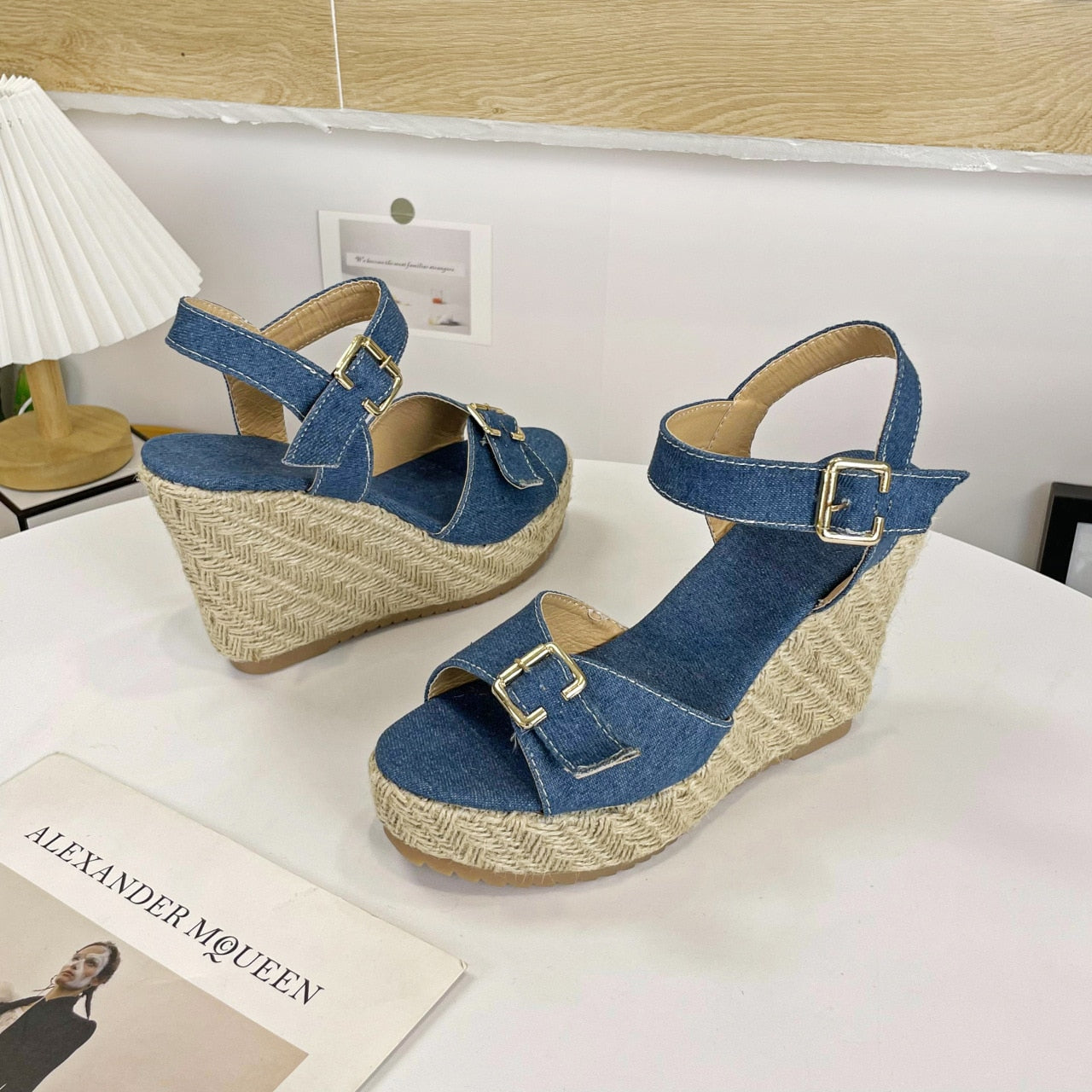 Oversized slope heel sandals, denim buckle strap,  slope heel grass woven casual women's sandals  shoes for women sandals