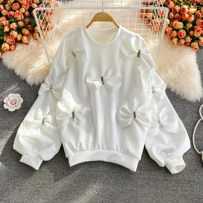 lovwvol     Korean Diamonds Bowknot Pullover Sweatshirt Causal Long Sleeve O-neck Hoodies Autumn New Sweet Women Jumper 2023 6E145