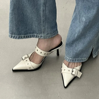 Punk Goth Metal Buckle High Heels Women's Sandals Summer  Pointed Toe Silver Party Shoes Fashion Womens Pumps Shoes Tacones