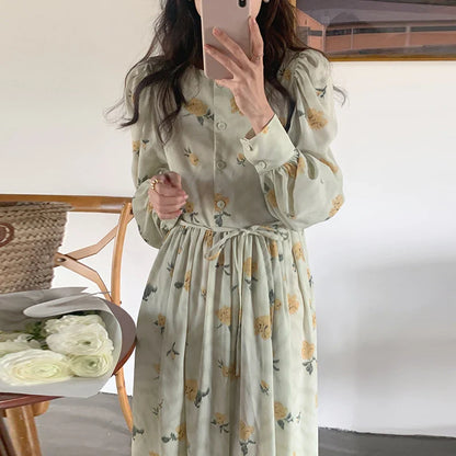 Korean style Women Sweet Floral Long Chiffon Dress with Belt Spring Autumn Round Collar High Waist Slim Dresses