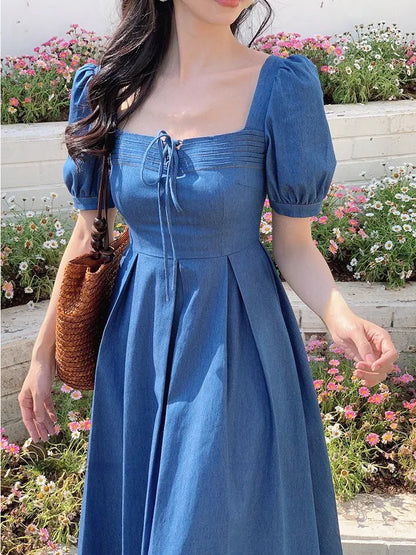 lovwvol   Summer Vintage Elegant Fairy Dress Women Short Sleeve Y2k Causal Midi Dress Female Solid Korean Fashion Chic Party Dresses