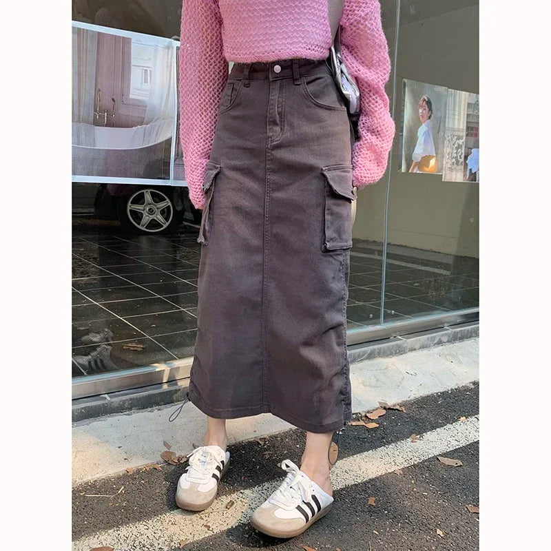 lovwvol  -  Retro Long Skirts Drawstring Cargo Denim Skirts Gray Autumn Pocket Asymmetrical Bodycon Midi Skirts Women Green Y2K Streetwear