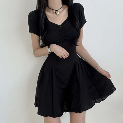 lovwvol V Neck Folds Folds Basic Short Casual Dress for Women Korean Fashion A-Line Sundress Draped Summer Dresses Clothing