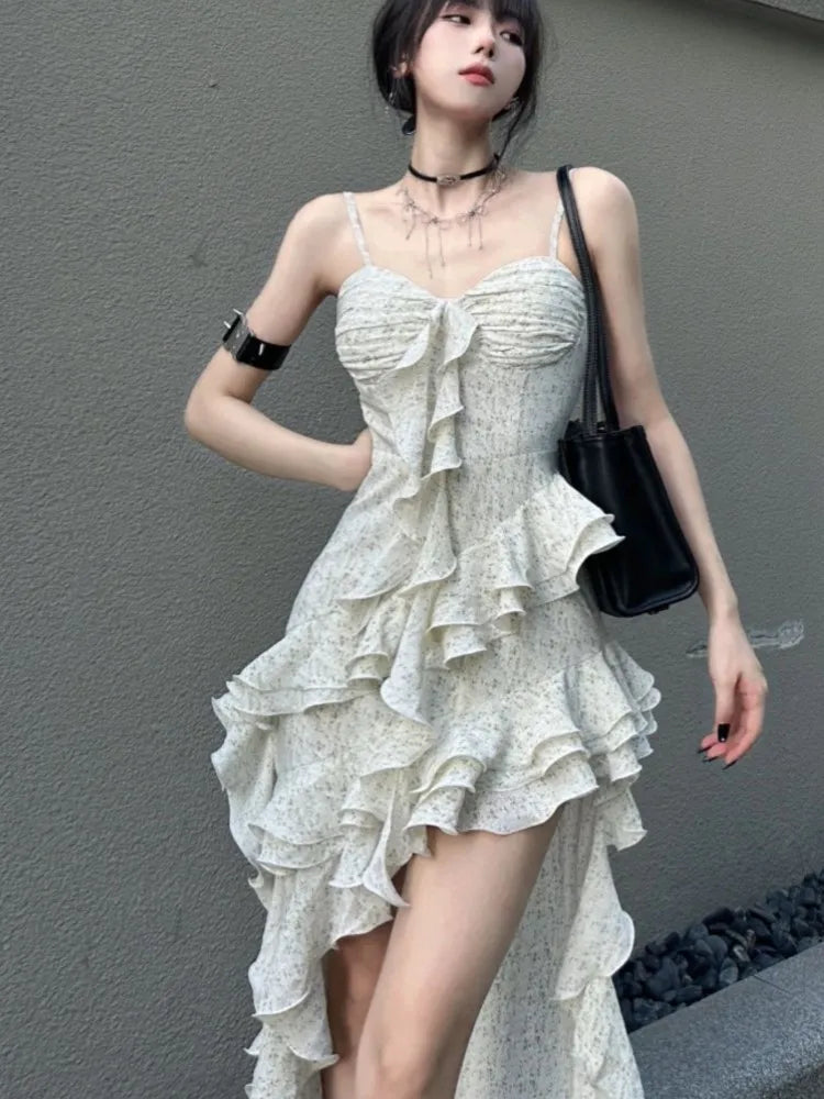 lovwvol Y2K Spaghetti Strap Irregular Dress Women Layered Ruffles Slim Sexy Party Dress Spring New Prom Robe Wedding