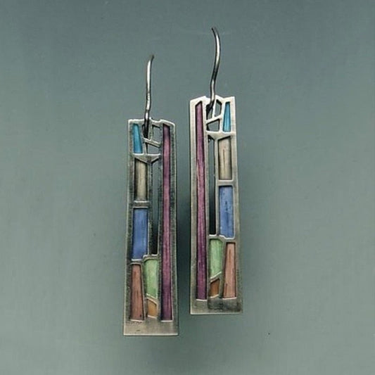 Vintage Square Multicolor Dangle Earrings for Women Classic Bohemian Silver Color Metal Hollow Long Earrings Jewelry