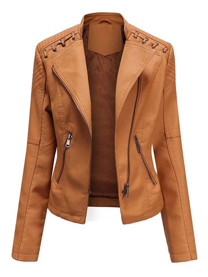 Pu Faux Leather Jackets Women Long Sleeve Zipper Slim Motor Biker Leather Coat Female Outwear Tops