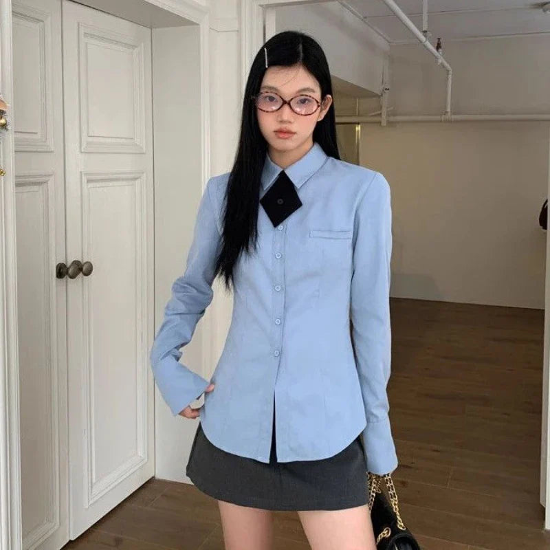 lovwvol Preppy Style Blue Shirts Women Korean Style Blouses with Tie Casual Long Sleeve Slim Cute Tops Basic Japanese Fashion