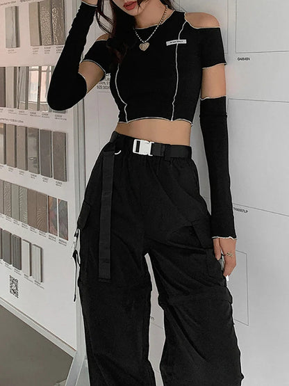 E-girl Style Patchwork Black T-shirts Gothic Open Shoulder Sleeve Y2k Crop Tops Ruffles Hem Hip Hop Techwear Women Tee