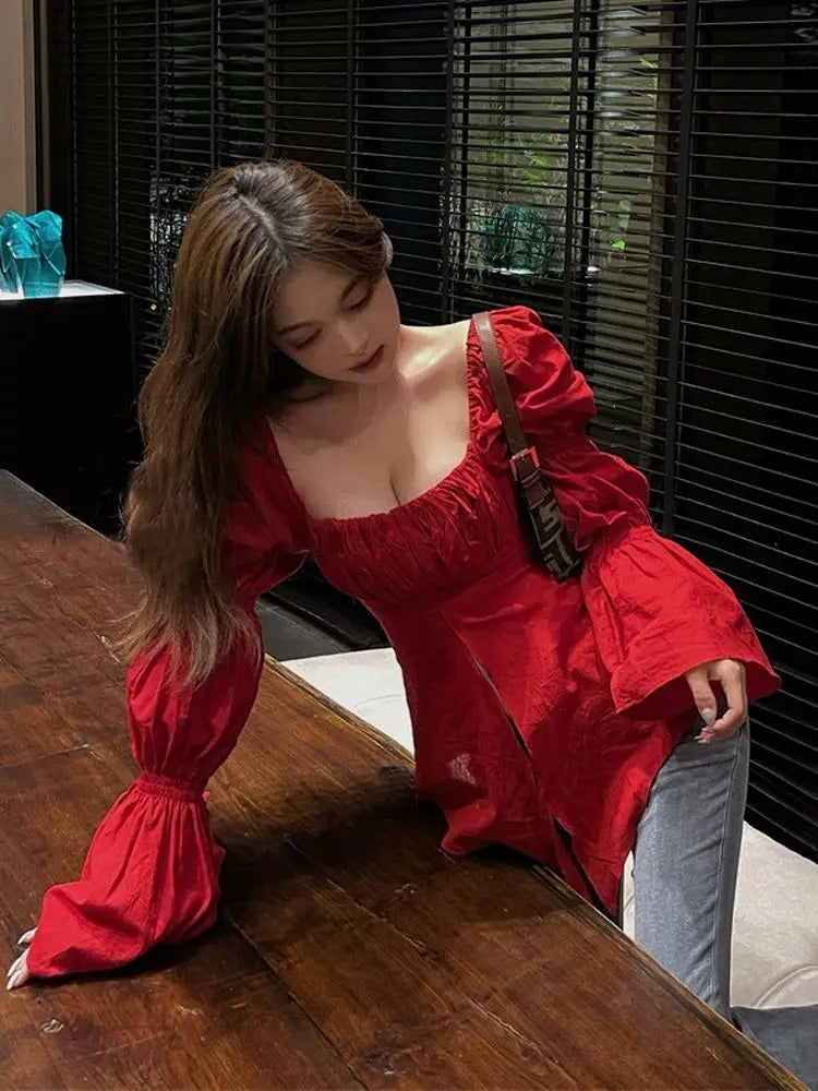 lovwvol Red Korean Style Sexy Blouse Women Chic Design Casual Elegant Blouse Female  Summer Sweet Long Sleeve Evening Party Clothes