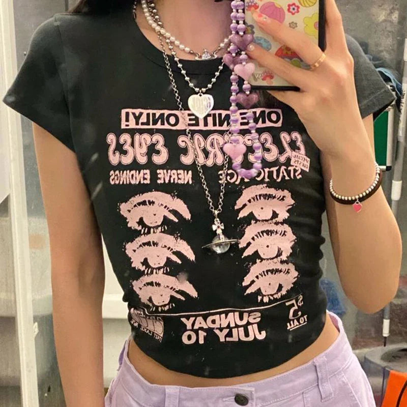 lovwvol Punk Grunge Graphic Slim Eyes Print Tops Y2K Baby Tees Short Sleeve T-shirts Streetwear Harajuku Summer E-girl Women's cropped