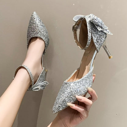 Luxury Silver Sequin High Heels Wedding Shoes Women 2023 Autumn Crystal Bowtie Ankle Straps Bridal Shoes Woman Thin Heeled Pumps