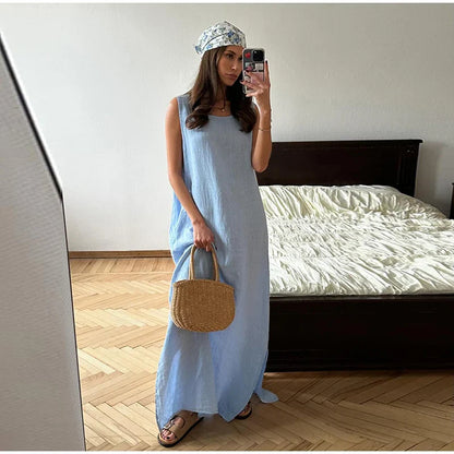 lovwvol Women Casual Solid Loose Cotton Linen Maxi Dress Elegant O-neck Sleeveless Split Dresses 2024 Summer Female Street Robes