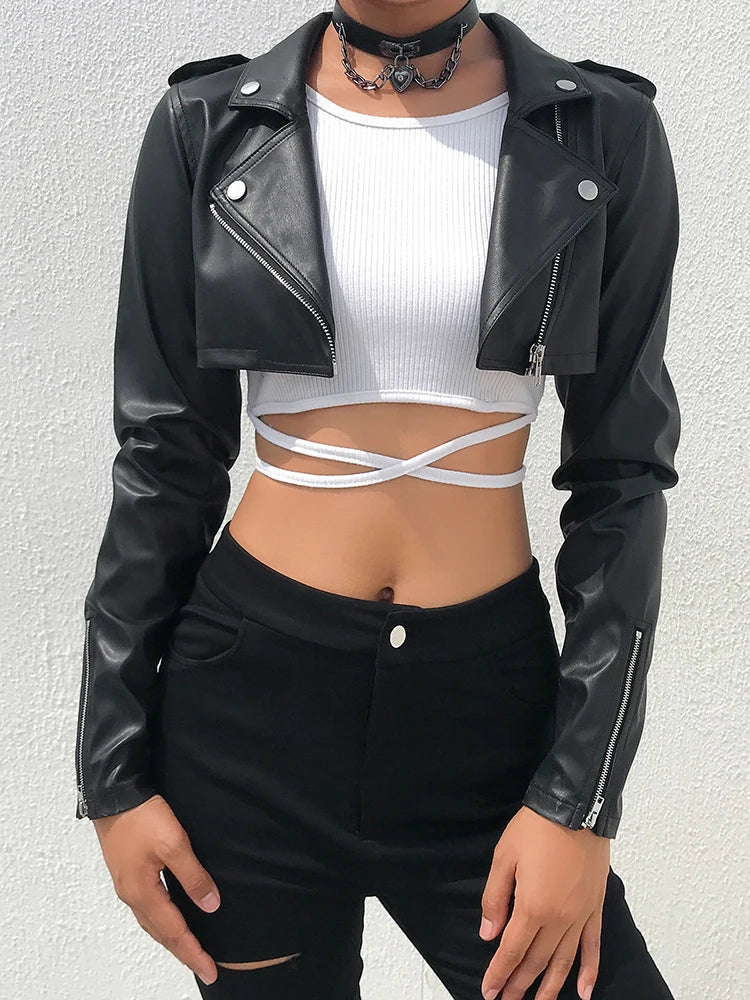 lovwvol Street Motorcycle Faux Leather Jacket Women Zipper Cropped Jacket Coat Outerwear Autumn Basic Jackets Ladies Cardigan