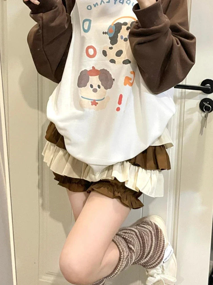 lovwvol Kawaii Lolita Skirt Women Harajuku Ruffle Layered High Waist Patchwork Cutecore Mini Skirt Shorts Japanese Soft Girl