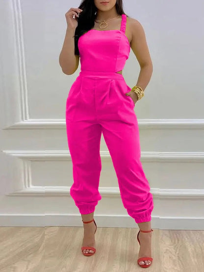 Ladies Off Shoulder Sleeveless Jumpsuit Summer Women Casual Solid Rompers Streetwear Long Playsuits Overalls With Pockets