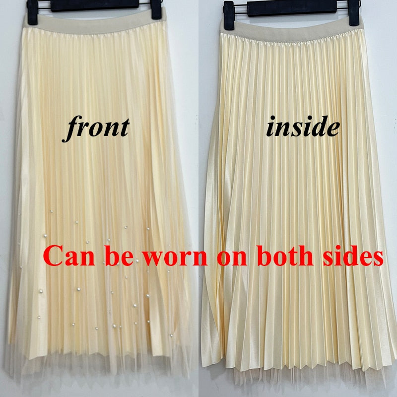 lovwvol Both Sides Wear Pearls Mesh Skirt Women Summer Velvet High Waist Long Skirts Woman Solid Color A Line Pleated Skirts