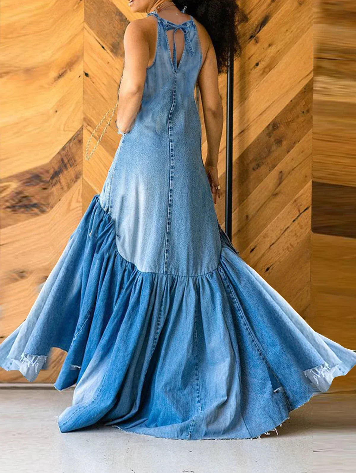 Patchwork Hyperbolic Ruffle Hem Denim Maxi Dress