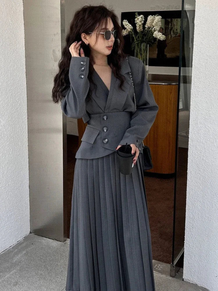 lovwvol   Fashion Designer Vintage 2 Piece Set Women Temperament Office Lady Long Sleeve Coat + Higt Waist Pleated Skirt Blazers Suit