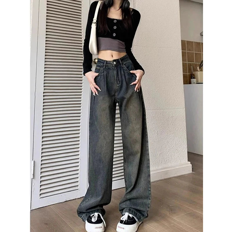 lovwvol - Harajuku Retro Women's High Waist Wide Leg Jeans Autumn Winter Thin Vintage Straight Leg Pants Fashionable Floor Mopping Jeans