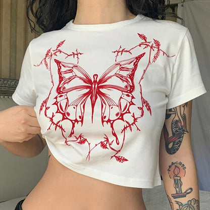 lovwvol Y2k Aesthetic clothing butterfly print Vintage round neck short sleeve t-shirts women summer streetwear baby tee y2k harajuku