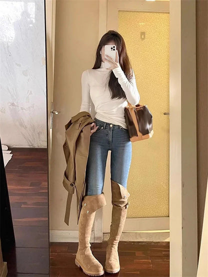 lovwvol White Long Sleeve Slim Basic Women's T-shirts Solid Color Fashion High Collar Simple Slight Stretch Chic Female Blouses