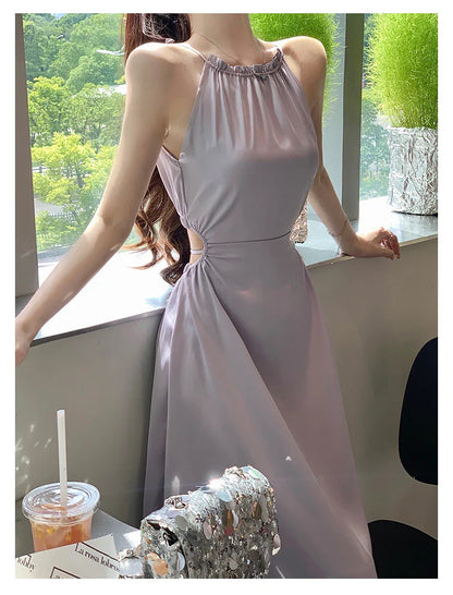 Summer Elegant Backless Satin Midi Dresses for Women Korean Fashion Sleeveless Slim Evening Party Female Casual Clothing