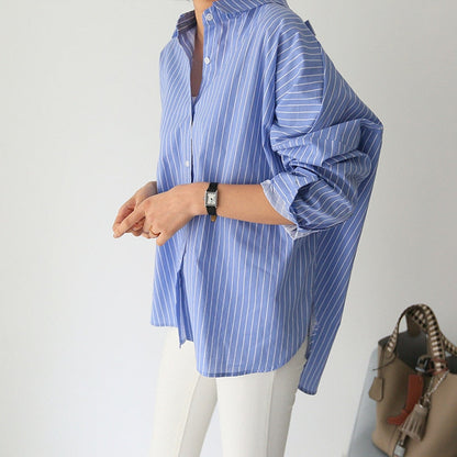 Spring New Turn Down Collar Casual Striped Shirt Women's Long Loose Irregular Full Blouse