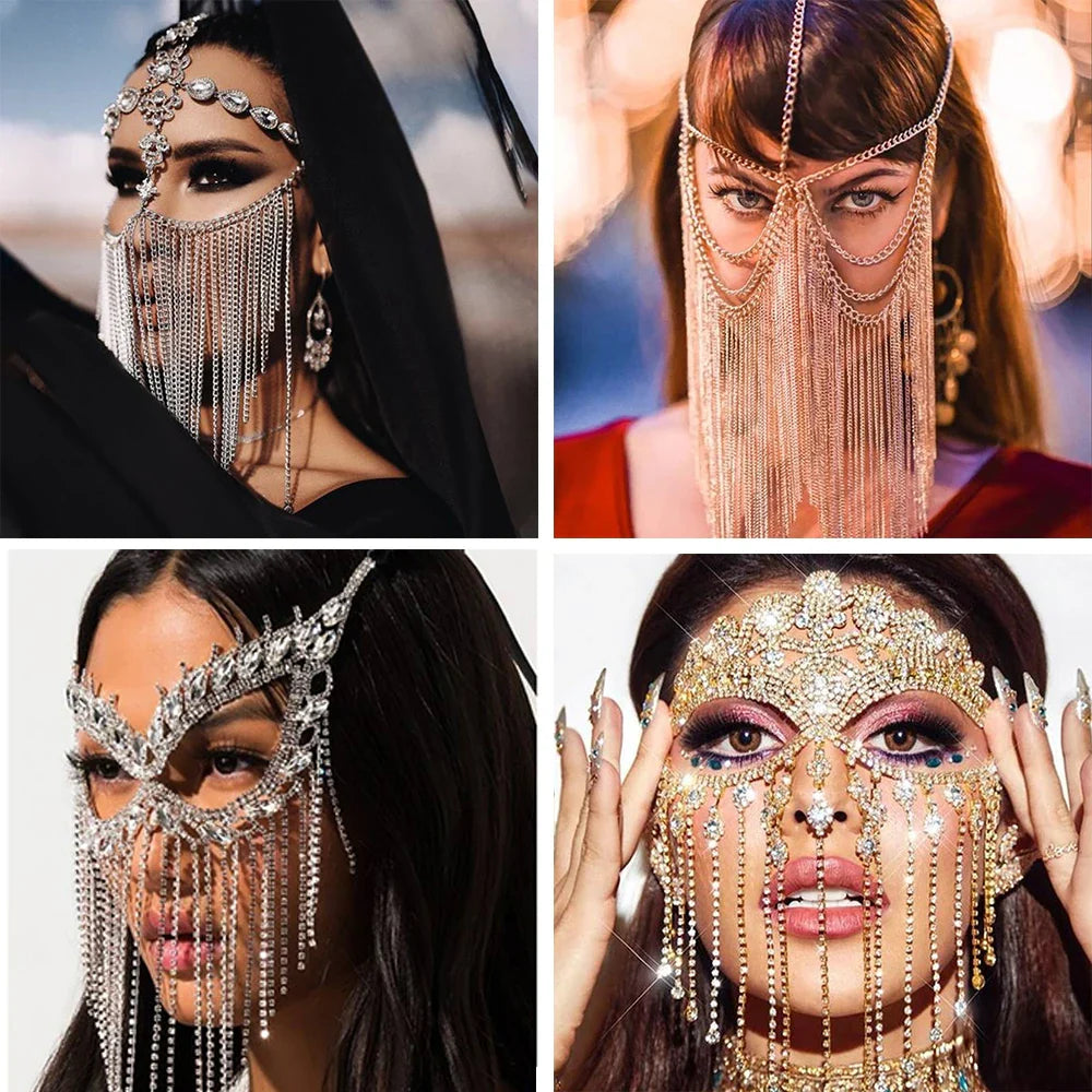 Indian Tassel Veil Mask for Face Women Rhinestone Face Masks Masquerade Dance Party Banquet Decoration Face Accessories Jewelry