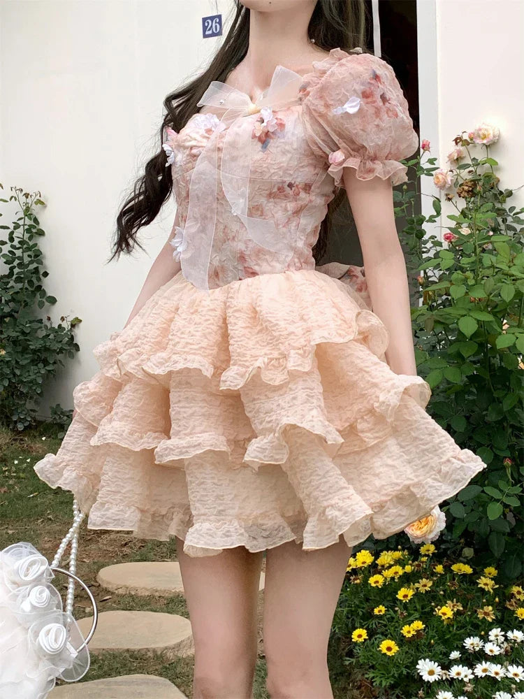 lovwvol Lolita Kawaii Sweet Mini Dress Women Elegant Retro Lace Floral Party Dress 2024 Summer Japanese Style Vintage One Piece Dress