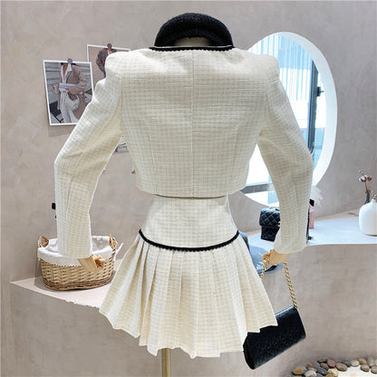 Small Fragrance Tweed 2 Piece Set Women Bow Short Jacket Coat + Skirt Suits Korean Sweet Outfits French Vintage Two Piece Sets