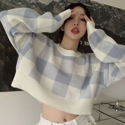 lovwvol Pullovers Crop Contrast Check Sweater Women Sueter Mujer Casual Knit Outwear Top 2023 Shirts for Women Blue Plaid Sweaters