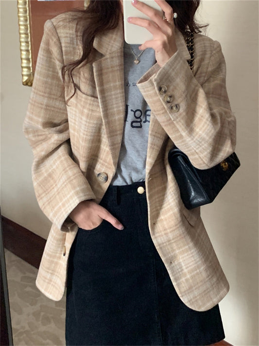 Women Plaid Blazers Slim Hot Fashion New OL Chic Autumn Vintage Jackets Office Lady Work Wear Clothes Casual Spring Tops Coats