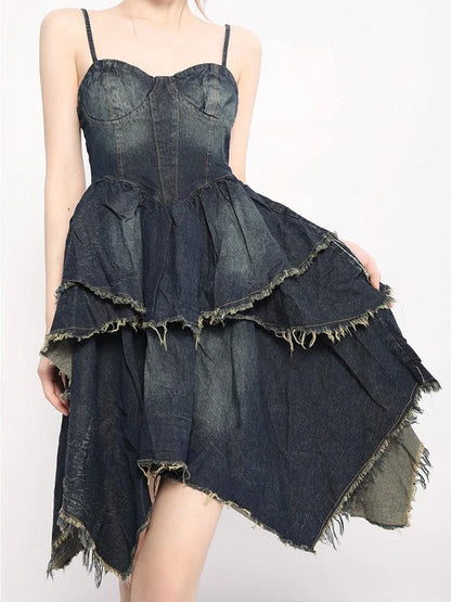 lovwvol Summer Designer Vintage Denim Dress Women Backless Korean Fashion Party Dress Female Asymmetric Casual Elegant Dress  New