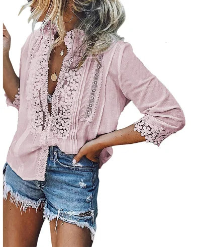 lovwvol Loose 3/4 sleeve lace blouses shirt women vintage cotton Button v neck causal boho blusa autumn blouse femme top