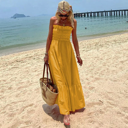 lovwvol Women Sexy Pleated Elastic Strapless Long Dress Vintage Summer Solid Slim A-Line Beach Dress Fashion Holiday Maxi Party Dresses