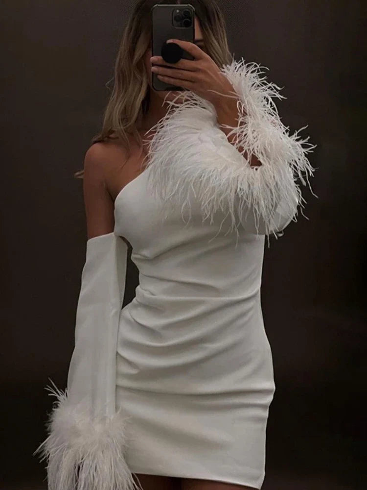 Feathers Flare Long Sleeve Mini Dress Sexy Elegant Slim One Shoulder Spring Fashion Female Club Party Dresses