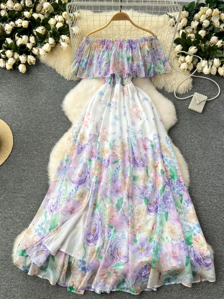 lovwvol Women Elegant Chiffon Party Dress Summer Ruffle Slash Neck Sexy Off Shoulder Beach Long Dresses Ladies Split Print Floral Dress