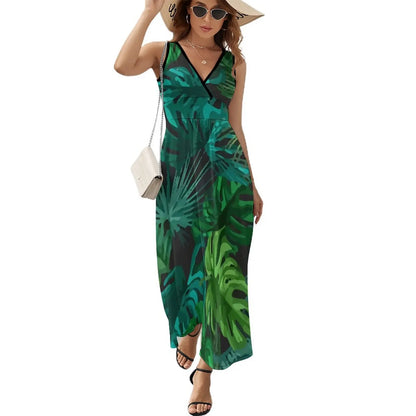 lovwvol Tropical Print Dress Female Orange Flowers Vintage Maxi Dress V Neck High Waist Aesthetic Design Boho Beach Long Dresses