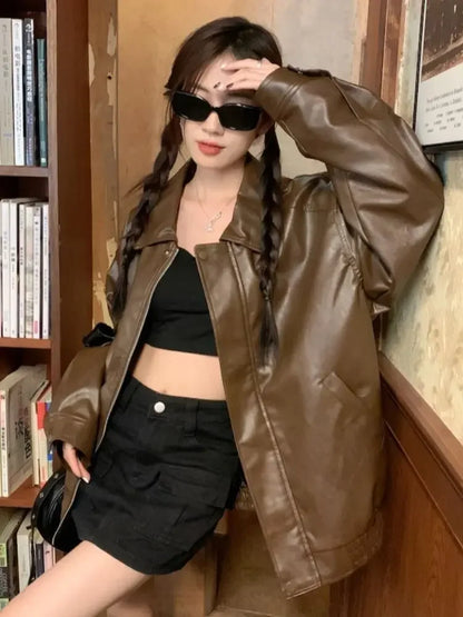 lovwvol  -  Vintage Maillard Brown Leather Jacket For Women Fall And Winter PU Leather Bomber Jacket Streetwear Women Versatile Outerwear