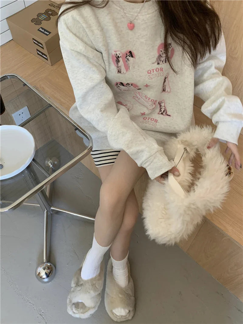 Cute Hoodies Women Letter Dog Print Sudaderas Mujer O-neck Sweatshirt Harajuku Streetwear Y2k Pullover Moletom Feminino